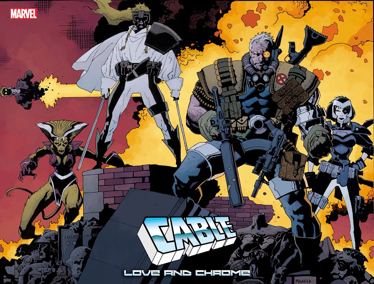 Peposed's tweet photo. Hey, now I can finally share our AMAZING flashback variant cover for CABLE: LOVE AND CHROME #1 from the legendary @artofmmignola! Call your local comics shop today to preorder! https://t.co/gYodY3ELeq
