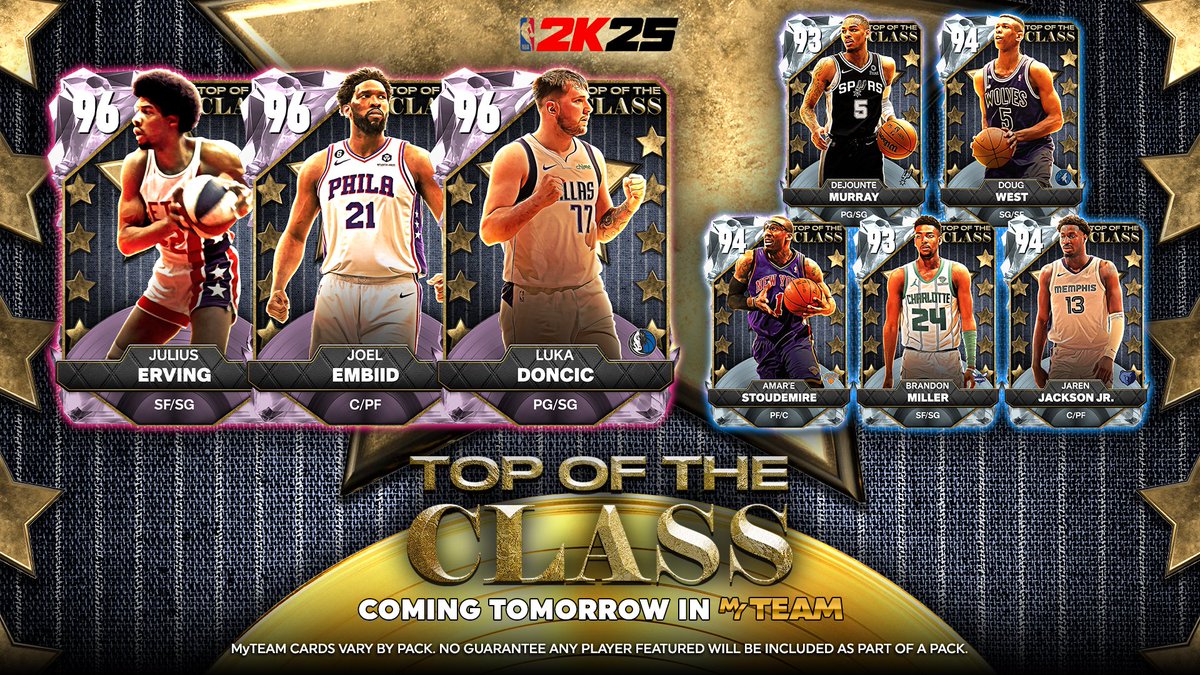 nba2kmtp's tweet photo. Top of the Class drops tomorrow in #MyTEAM
Look for these players and more!
👏 Pink Diamond #LukaDoncic
👏 Pink Diamond #JoelEmbiid
👏 Pink Diamond #JuliusErving
💎 Diamond Amar'e #Stoudemire
💎 Diamond #BrandonMiller
#NBA2K25 via. @NBA2KMyTEAM https://t.co/tmwVZPIIDP