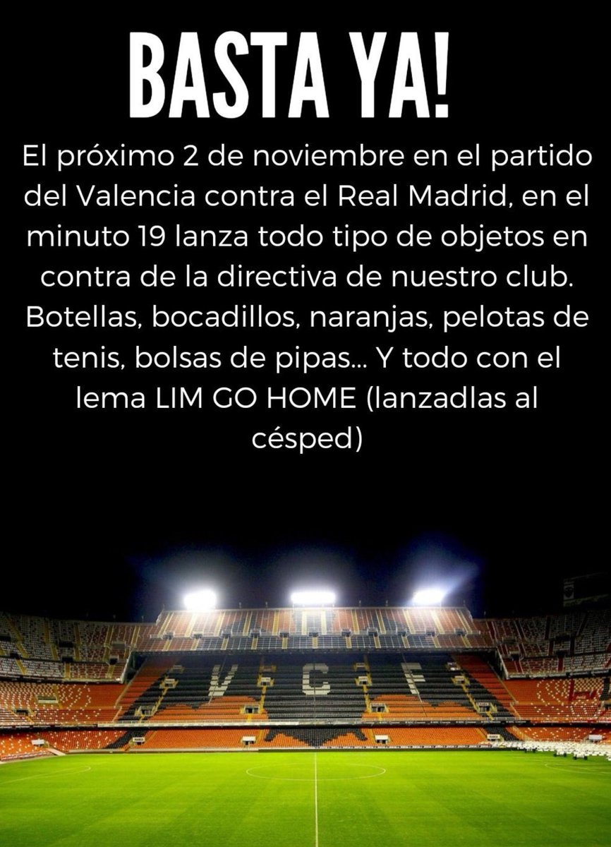 elforomdm's tweet photo. Esta es la ultima iniciativa de la afición del @valenciacf para liarla en Mestalla y pedir que se vaya la directiva #LimGoHome #guerraenValencia https://t.co/9v0wFIDAK6