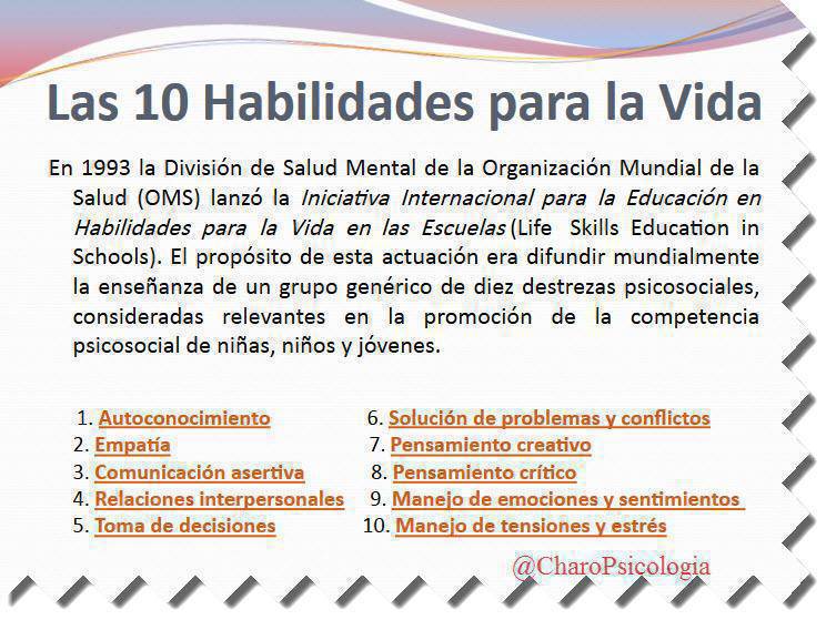 Interesante recordatorio  sobre el trabajo que en 1993 la Organización Mundial de la Salud  sobre las habilidades necesarias para la vida, que siguen siendo a su vez básicas para el mundo laboral
No han envejecido