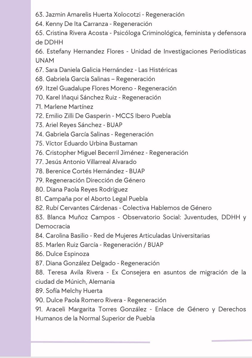 📢 Carta de respaldo a María Luisa Nuñez Barojas, para presidir la <a href="/CDHPuebla/">CDH Puebla</a>. Activistas, organizaciones, colectivos, miembrxs de la academia y sociedad civil suscribimos 👇🏻
#MaríaLuisaNuñezCDHPuebla <a href="/artemisa_laura/">Laura Artemisa Oficial</a> <a href="/ZatarainLeal/">Roberto Zataráin Leal</a> <a href="/armentapuebla_/">Alejandro Armenta</a> <a href="/CongresoPue/">H. Congreso de Puebla</a> <a href="/NormaPimentelMx/">Dra. Norma Pimentel</a>
