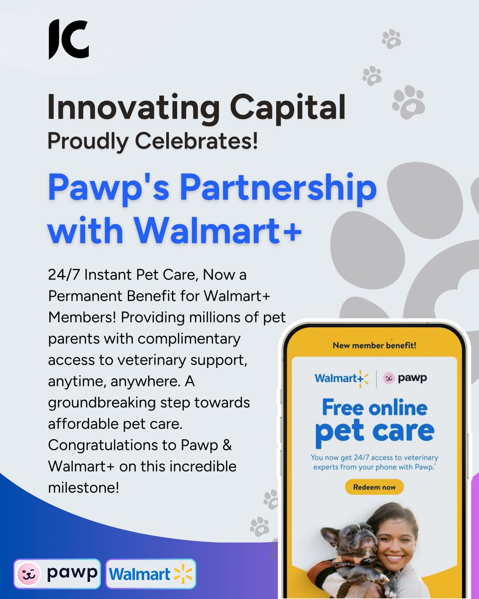 🎉 Big news! @myPawp has officially joined forces with <a href="/Walmart/">Walmart</a>+, providing 24/7 instant pet care to millions of members! 🐾 From Innovating Capital, we're incredibly proud to see this groundbreaking partnership take off. Congrats to <a href="/MarcAtiyeh/">Marc Atiyeh</a> and the team #PetCare #pet #dogs