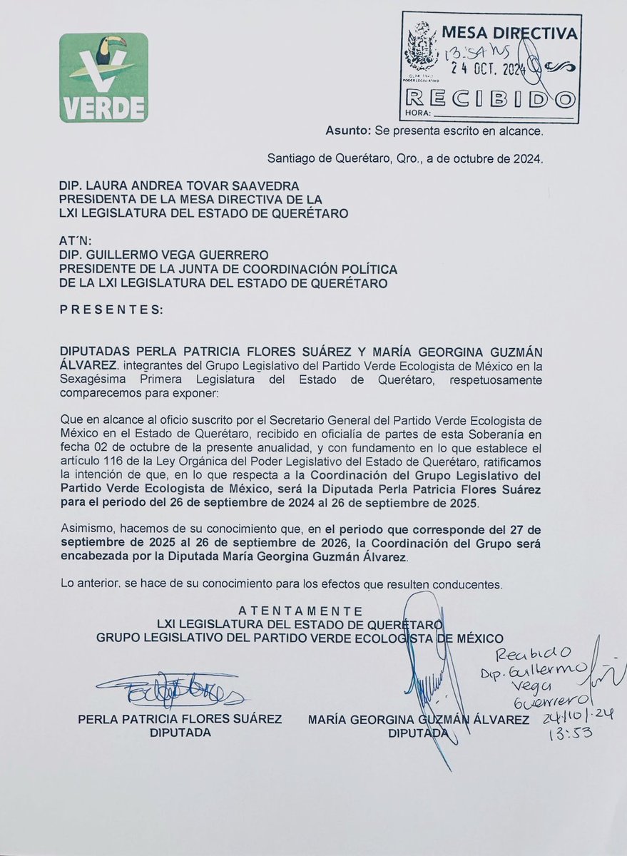 hector_sinecio's tweet photo. #MONITOR #ULTIMAHORA En el @PartidoVerdeQu1 si saben hacer acuerdos y ponerse de acuerdo  @PERFLOSUA y @ginnaguzman cada una será un año coordinadora, derivado de consensos logrados en el #ConsejoPolítico del @partidoverdemex y entre las propias integrantes de la @Legislatura_Qro https://t.co/oDTA1lqsbV