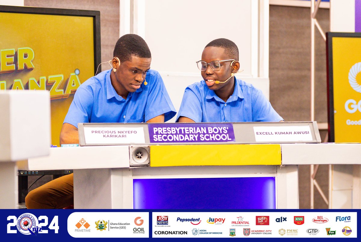 NSMQGhana's tweet photo. End of contest

Presbyterian Boys' Sec. School: 59pts
Pope John SHS &amp; Min. Sem: 46pts
St. James Sem. SHS: 31pts

#NSMQ2024 #NSMQQuarters #Primetime https://t.co/4hZrC0bRMn
