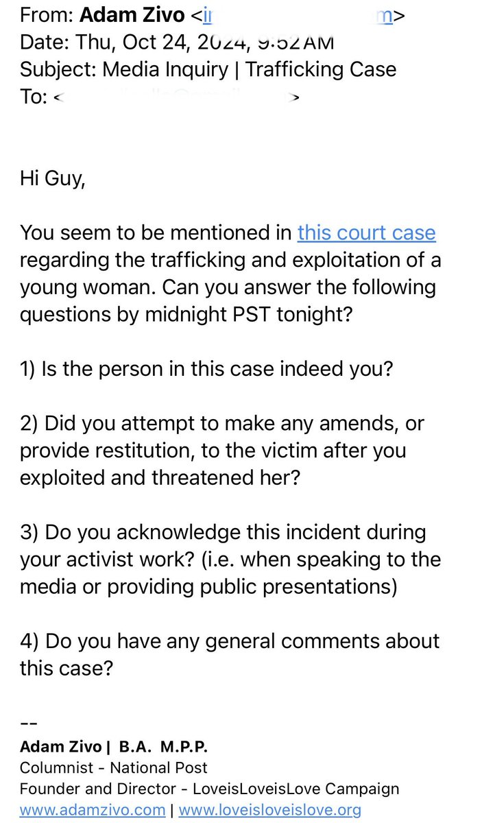 Long thread here about the weaponization of journalism against people in recovery🧵PLEASE READ.

It seems I’m next on the hit list for @NationalPost opinion writer <a href="/ZivoAdam/">Adam Zivo</a>. He regularly threatens people he doesn’t agree with by sending “media inquiries” suggesting a false &amp;