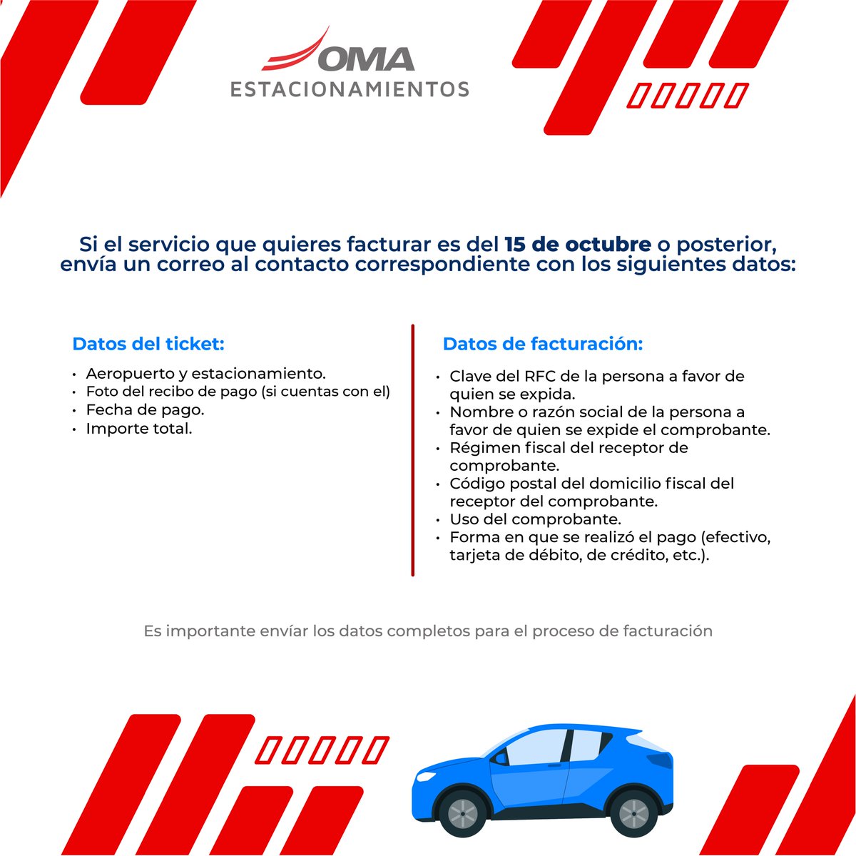 Pasajero, para facturar tu ticket de estacionamiento envía correo a:
cjsestacionamiento@oma.aero

Si el servicio a facturar es del 14 de octubre o antes, da clic aquí: 🔗t.ly/ouN42