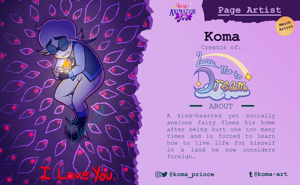 IndieAnimeZine's tweet photo. 💜CONTRIBUTOR SPOTLIGHT💜

The creator of Leave Me to Dream, Koma (@koma_prince), joins us as both a page and merch artist! https://t.co/BLyiRfXO1h