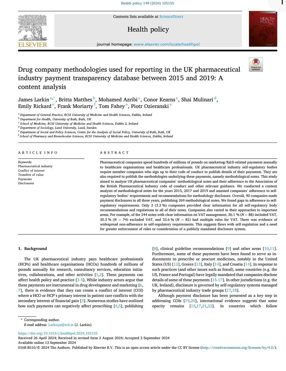 Ash Paul (@pash22) on Twitter photo Drug company methodologies used for reporting in the UK pharmaceutical industry payment transparency database between 2015 and 2019: A content analysis
sciencedirect.com/science/articl… via <a href="/LarkinJames/">James Larkin</a> et al Drug company methodologies used for reporting in the UK pharmaceutical industry payment transparency database between 2015 and 2019: A content analysis
sciencedirect.com/science/articl… via <a href="/LarkinJames/">James Larkin</a> et al