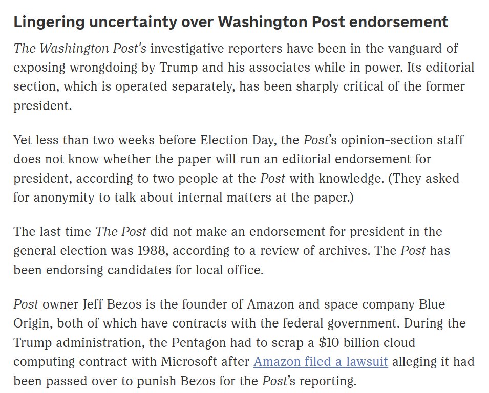 Washington Post editorial board under Will Lewis reportedly waffling on whether to make a presidential endorsement this year. npr.org/2024/10/24/nx-…