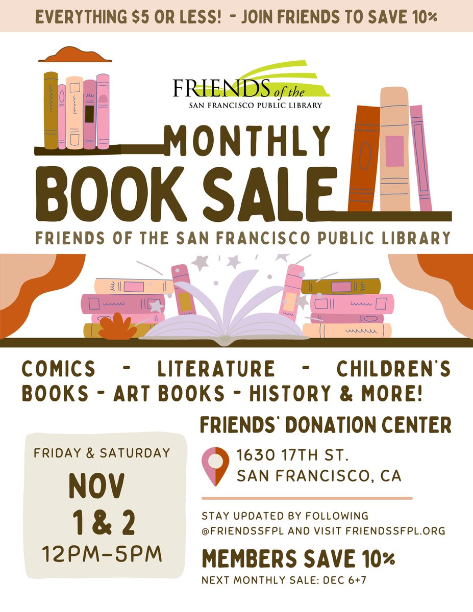 It's almost that time again! 📚Our Monthly Book Sale at our Donation Center is back on November 1 &amp; 2 (Friday &amp; Saturday) at the Donation Center in Potrero Hill (📍1630 17th St. San Francisco) from 12:00PM-5:00PM.