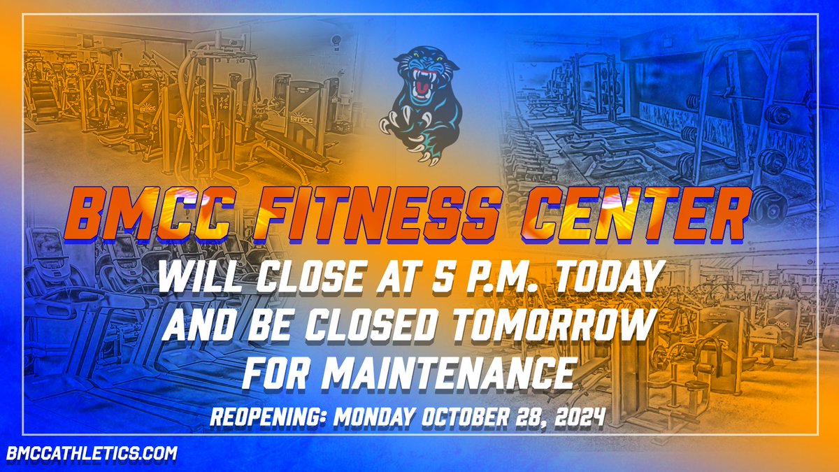 BMCC Athletics (@bmccathletics) on Twitter photo ๐๏ธโโ๏ธ๐๏ธโโ๏ธ ๐
๐ข๐ญ๐ง๐๐ฌ๐ฌ ๐๐๐ง๐ญ๐๐ซ ๐๐ฉ๐๐๐ญ๐ ๐โโ๏ธ๐โโ๏ธ
The <a href="/BMCCAthletics/">BMCC Athletics</a> Fitness Center will be closing at 5โฃ p.m. today and be closed tomorrow October 2โฃ5โฃth for maintenance.
It will reopen on Monday October 2๏ธโฃ8๏ธโฃth.
#StartHereGoAnyWhere | <a href="/bmcc_cuny/">BMCC</a> | <a href="/BMCC_OSA/">BMCC's Office of Student Activities</a> ๐๏ธโโ๏ธ๐๏ธโโ๏ธ ๐
๐ข๐ญ๐ง๐๐ฌ๐ฌ ๐๐๐ง๐ญ๐๐ซ ๐๐ฉ๐๐๐ญ๐ ๐โโ๏ธ๐โโ๏ธ
The <a href="/BMCCAthletics/">BMCC Athletics</a> Fitness Center will be closing at 5โฃ p.m. today and be closed tomorrow October 2โฃ5โฃth for maintenance.
It will reopen on Monday October 2๏ธโฃ8๏ธโฃth.
#StartHereGoAnyWhere | <a href="/bmcc_cuny/">BMCC</a> | <a href="/BMCC_OSA/">BMCC's Office of Student Activities</a>