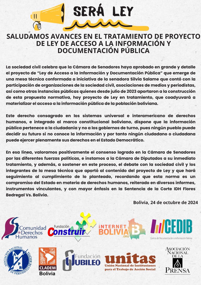 cedib_com's tweet photo. ¡Será Ley!
📢Se logran avances en Proyecto de Ley de Acceso a la Información Pública. Ahora es momento de la Cámara de Diputados de actuar.
📄El proyecto ley garantizará el #derecho de acceso a la información en #Bolivia, permitiendo a la ciudadanía acceder a información pública. https://t.co/shEkZhPFxF