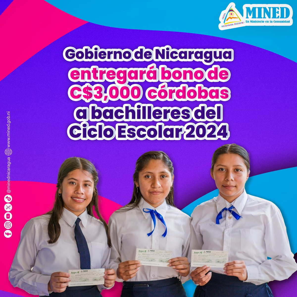 Gobierno de #Nicaragua entregará bono de 3,000 córdobas a bachilleres del Ciclo Escolar 2024 en las próximas semanas.