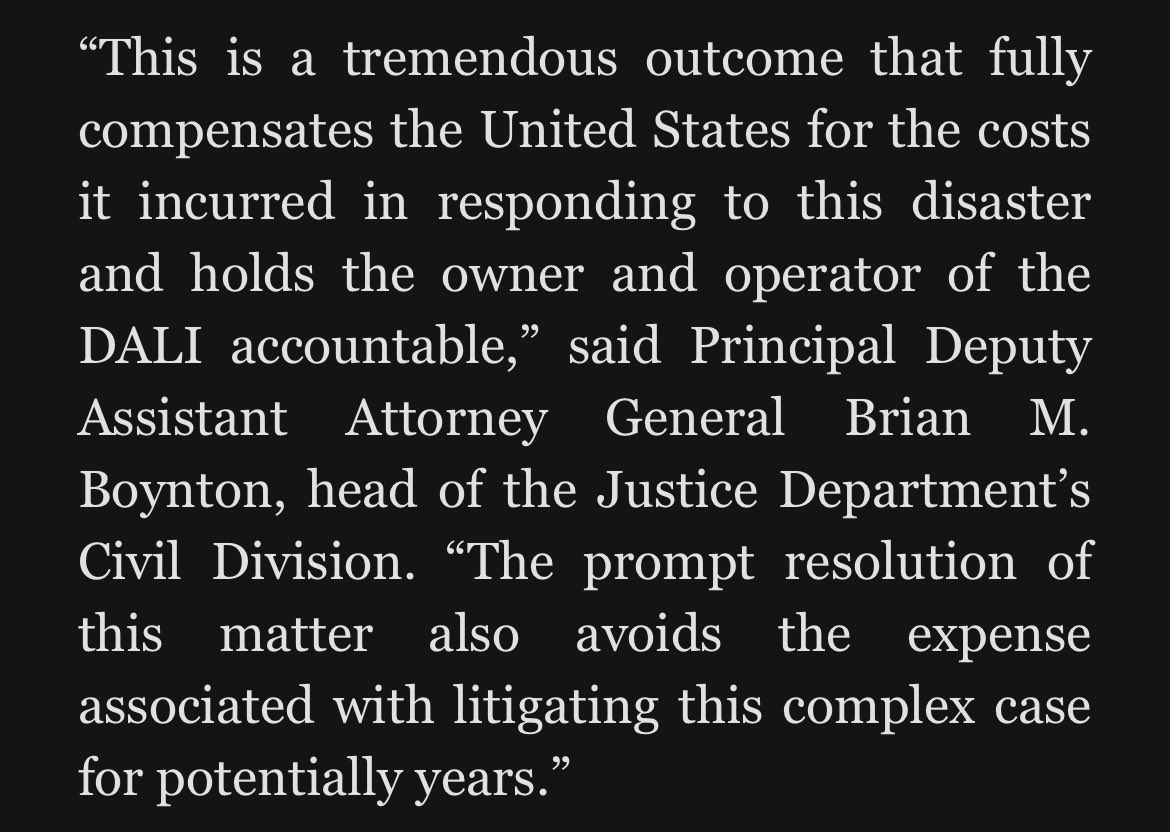 dennisreports's tweet image. 1st settlement related to the #KeyBridgeCollapse comes as we near the 7-month mark of the disaster.

@TheJusticeDept says the Dali’s owner and operator agreed to pay $101+ million.

The DOJ filed this claim in Sept., attached is a quote from their press release.