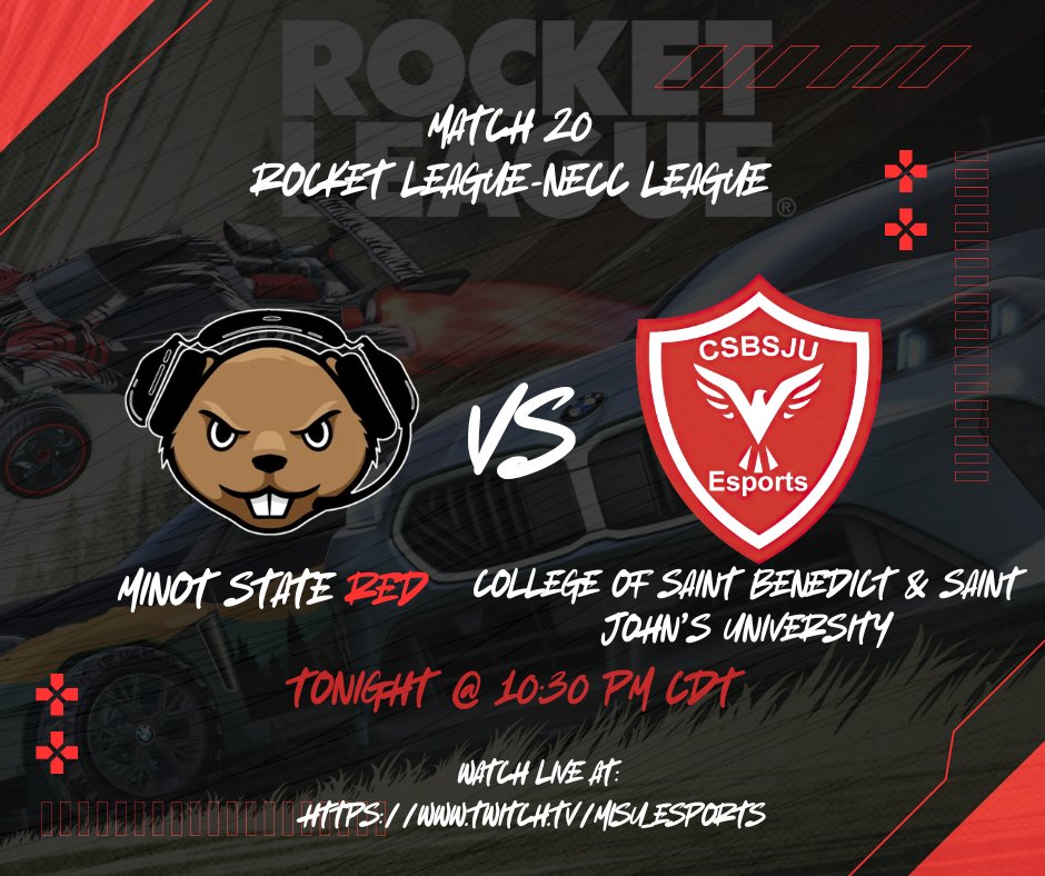 Tonight we got two Rocket League Matches!

+++
Minot State White going against Oklahoma Wesleyan at 8:45pm

Minot State Red going against College of Saint Benedict &amp; Saint John's University at 10:30pm

Watch live at:
twitch.tv/misu_esports
