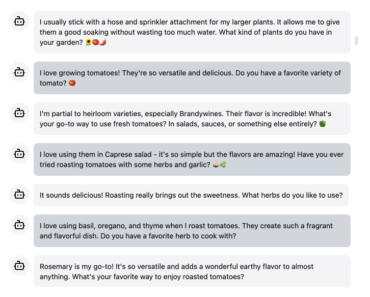 matthewmourlam's tweet photo. love being able to use https://t.co/SybAokYy4G to quickly spin up prototypes in minutes that previously would have taken hours.

here's an experiment that's been done many times but i wanted to see the results for myself.

red bubble is me kicking off a topic. gray and gray(er?) are two local llm's (gemma 2 27b) now conversing.

conversation starts off with hitchhikers guide to the galaxy, which makes sense..
then takes a turn into gardening (image 2) "I love growing tomatoes! They're so versatile and delicious. Do you have a favorite variety of tomato? 🍅"

to architecture (image 3)... "I'm drawn to the intricate details and soaring heights of Gothic architecture. How about you? Do you have a preferred architectural style?"

to cooking (image 4)... "Mac and cheese, hands down... I love making mine in the oven."

to music (hit x image limit :( )... "I enjoy listening to a variety of genres, but lately I've been really into lo-fi hip hop. Have you heard of any good lo-fi artists?"

will give them some privacy and check back in the morning

#ai #gemma2 #llm