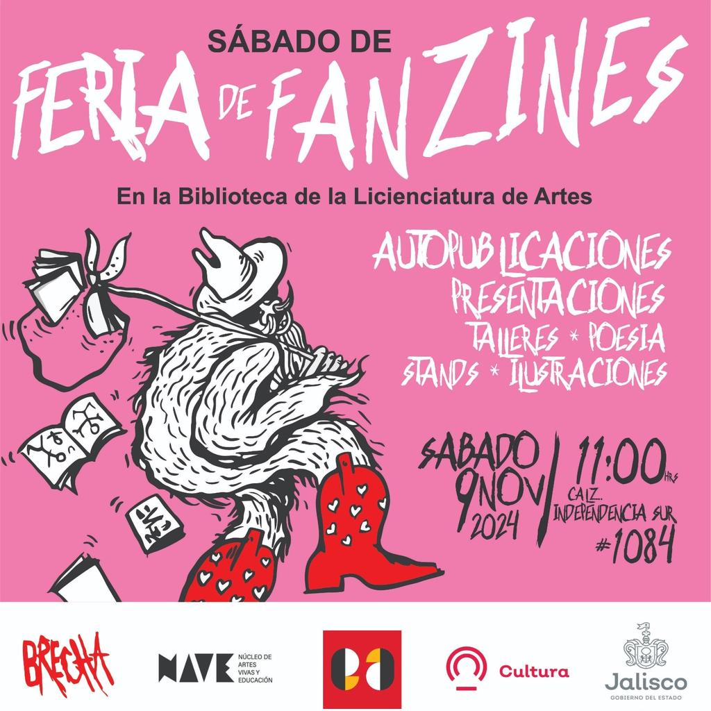 En la Biblioteca de la Licenciatura de Artes de <a href="/CulturaJalisco/">Cultura Jalisco</a> vamos a tener una feria de Fanzines. La idea es ambiciosa: hacer una Fanzinoteca, una colección de fanzines y publicaciones independientes con artistas locales y que este abierta al público. Habrá presentaciones,
