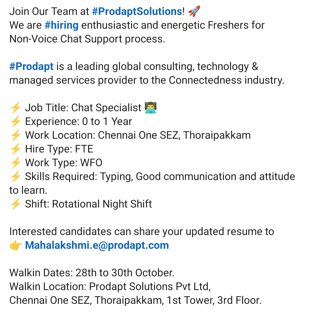 mahebodi's tweet photo. #freshers #Chennai #Nonvoice
#JobVacancy_Alert https://t.co/7cEwqtcm76