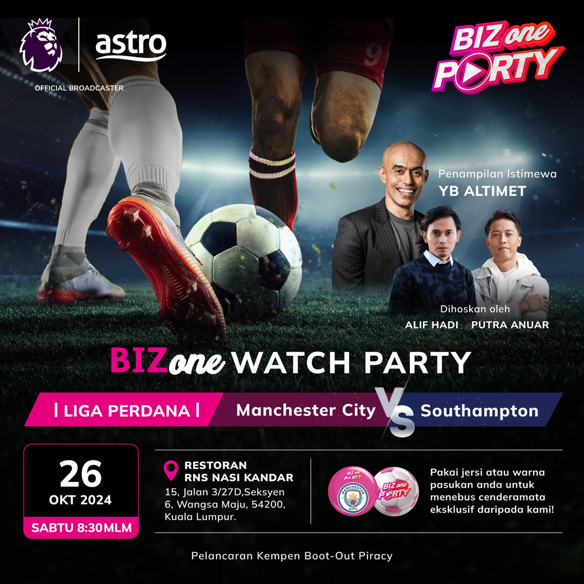 astroonline's tweet photo. ⚽ #BizOne #WatchParty skrin besar kembali dengan aksi gempak: Manchester City vs Southampton 🎉 🎉 Dihoskan oleh pelakon/pengacara terhebat @alifhadi dan penyampai radio popular @putraanuar__! Jumpa kat sana! 🔥 https://t.co/JbytCKaklL