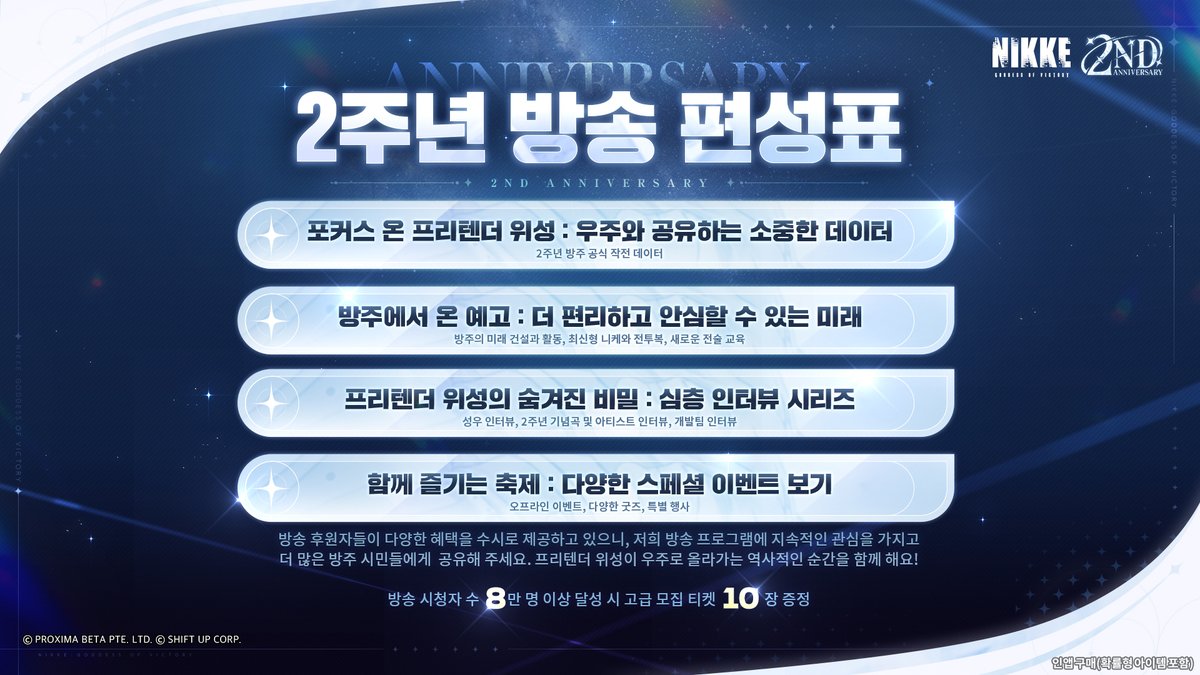 NIKKE_kr's tweet photo. 🌌 <승리의 여신: 니케> 2주년 특별 방송 D-1! ✨

#NIKKE2ndAnniversary
#니케2주년 #니케2주년방송
#니케 #NIKKE

<승리의 여신: 니케> 2주년 특별 방송까지 앞으로 1일!

특별 방송은 아래와 같은 순서로 진행될 예정이니
지휘관님의 많은 관심과 기대 부탁드립니다.

예약, 알림 설정까지 잊지 마시고
<승리의 여신: 니케> 공식 유튜브 채널에서 만나요!

✅ 2주년 특별 방송 OPEN
- 10/26(토) 19:30

📺 2주년 특별 방송 예약하기
https://t.co/ZI33a36lhe

※ 특별 방송은 30분의 카운트다운이 포함되어 있습니다.

* 인앱 구매(확률형 아이템 포함)