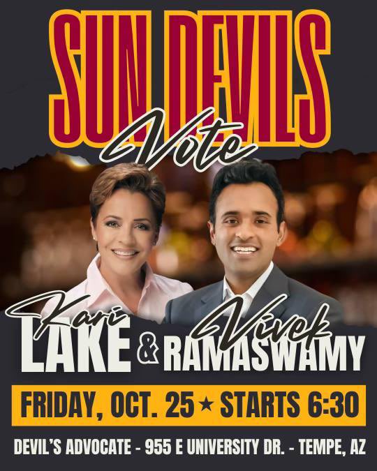 Tomorrow,

<a href="/KariLake/">Kari Lake</a> and <a href="/VivekGRamaswamy/">Vivek Ramaswamy</a> are headed back to Tempe!

Join them at 6:30 pm at the Devil's Advocate for our "Sun Devils Vote" Event!

Free RSVP⤵️
karilake.com/sun-devils-vot…