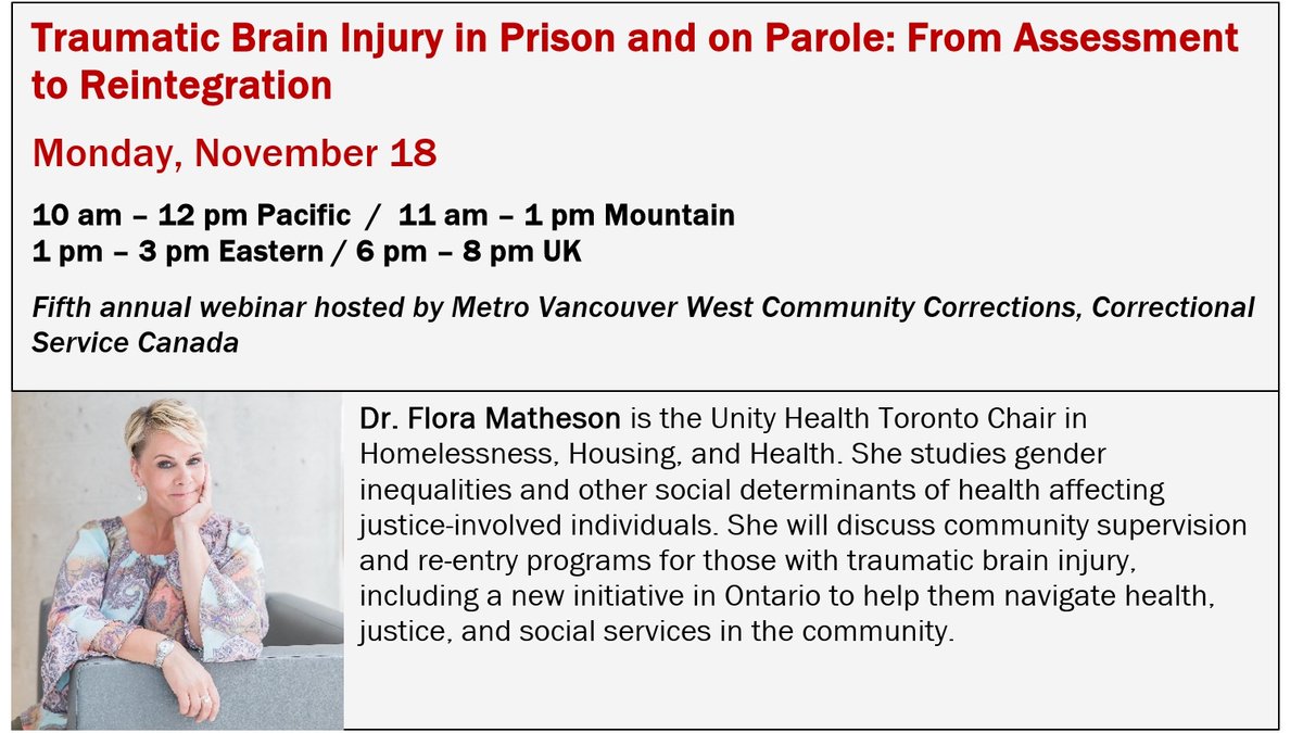 Excited to have Dr. Flora Matheson join our Nov 18 webinar on traumatic brain injury in corrections! She'll discuss community supervision and re-entry programs for justice-involved individuals with TBI. #criminology #criminaljustice #mentalhealth
Register: tbi-prison-parole.eventbrite.com