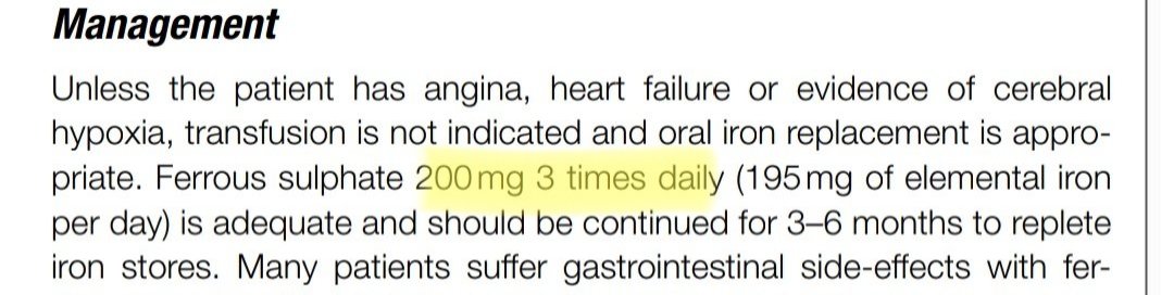 I used to like this book but even the recent edition says oral iron must be dosed TID 👎🏼

PLEASE DO NOT GIVE ORAL IRON MORE THAN ONCE A DAY 🙏🏼 YOU ARE DOING MORE HARM THAN BENEFIT!

ALTERNATE DAY DOSING WORKS BEST 🙏🏼

doi: 10.3324/haematol.2019.220830