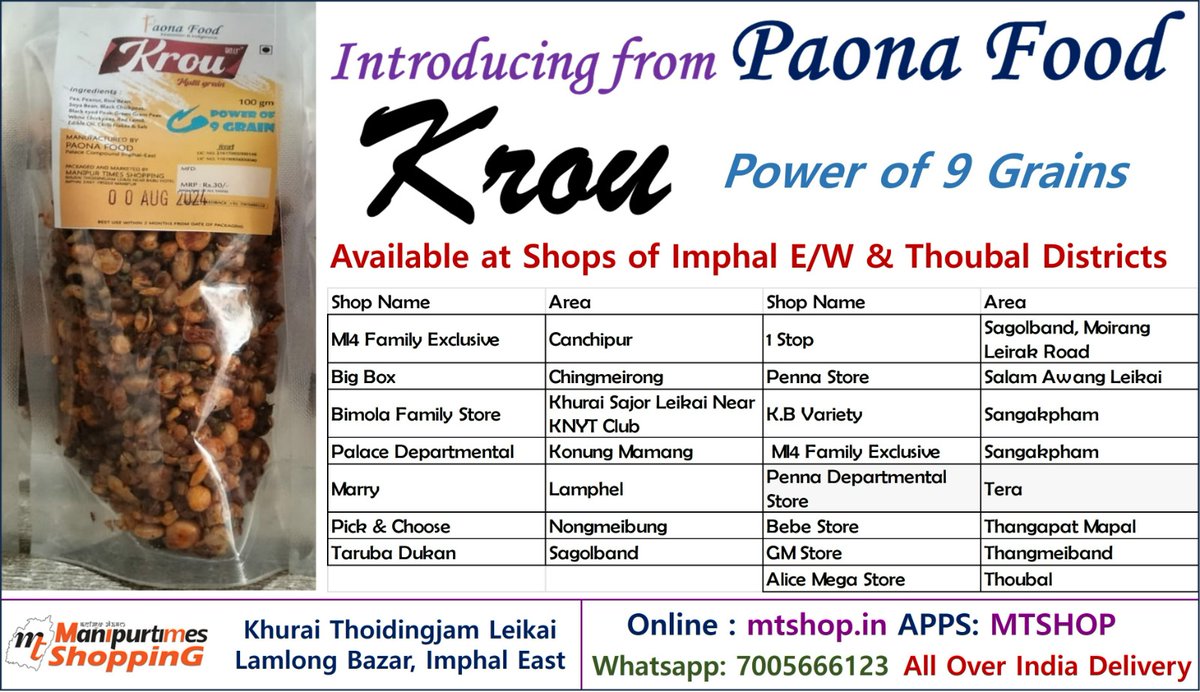 ManipurTimes's tweet photo. #Krou #ManipurSnacks #MadeInManipur 

Introducing KROU : Great Taste with the Healty Benefits from "Power of 9 Grains" indigeneously produced by Paona Food. There is a temptation in every bite!!

Available at Departmental Stores Listed in Banner and Manipurtimes Shopping

Order online at
Website : https://t.co/Pjz3RYJMx9 
APPS: MTSHOP
Whatsapp: 7005666123

Address:
Manipurtimes Shopping
Khurai Thoidingjam Leikai, Opp Babu Hotel, Lamlong Bazar, Imphal East, Manipur

#MTSHOP #Manipurtimes
#ManipurtimesShopping #Paona Food
#Krou
#ManipurSnacks