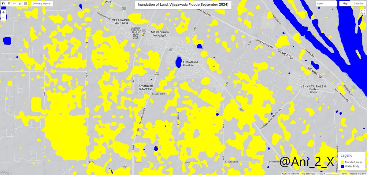 Ani_2_X's tweet photo. Satellite data clearly shows the flooded areas of Amaravati and Vijayawada during recent flooding. 
@ncbn why are you pushing AP people into debt to build a city in floodplanes of Krishna ? @ysjagan @YSRCParty @PTI_News @republic @ndtv @sardesairajdeep @thewire_in @htTweets https://t.co/yf76nx038D