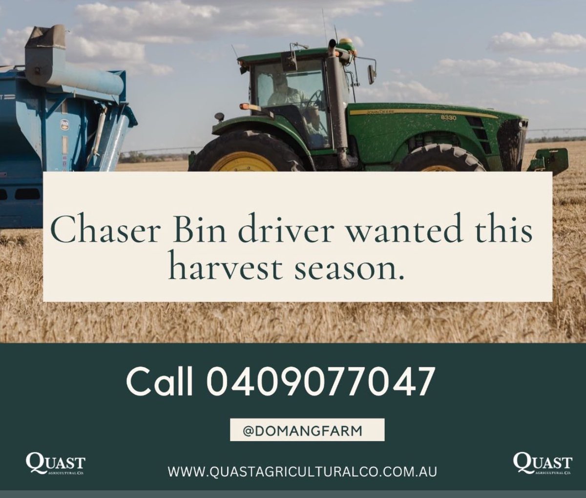 The Quast family @ Crooble, NSW are looking for Chaser Bin driver ASAP