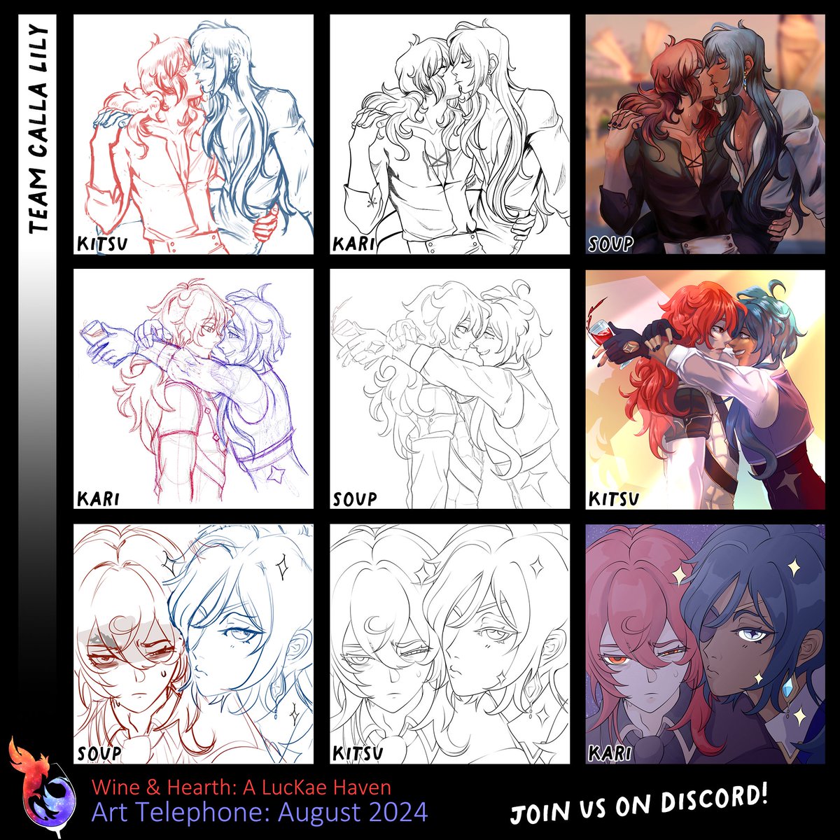 wineandhearth's tweet photo. Here are Team Calla Lily's collaborative works from our August Luckae Art Telephone! 🎨

These art pieces were done by: @9mileshigh_, @tooryan_se, and @kaeyasoup ❤️💙

We have one more team left, so stay tuned! https://t.co/5s3ovTrwWY