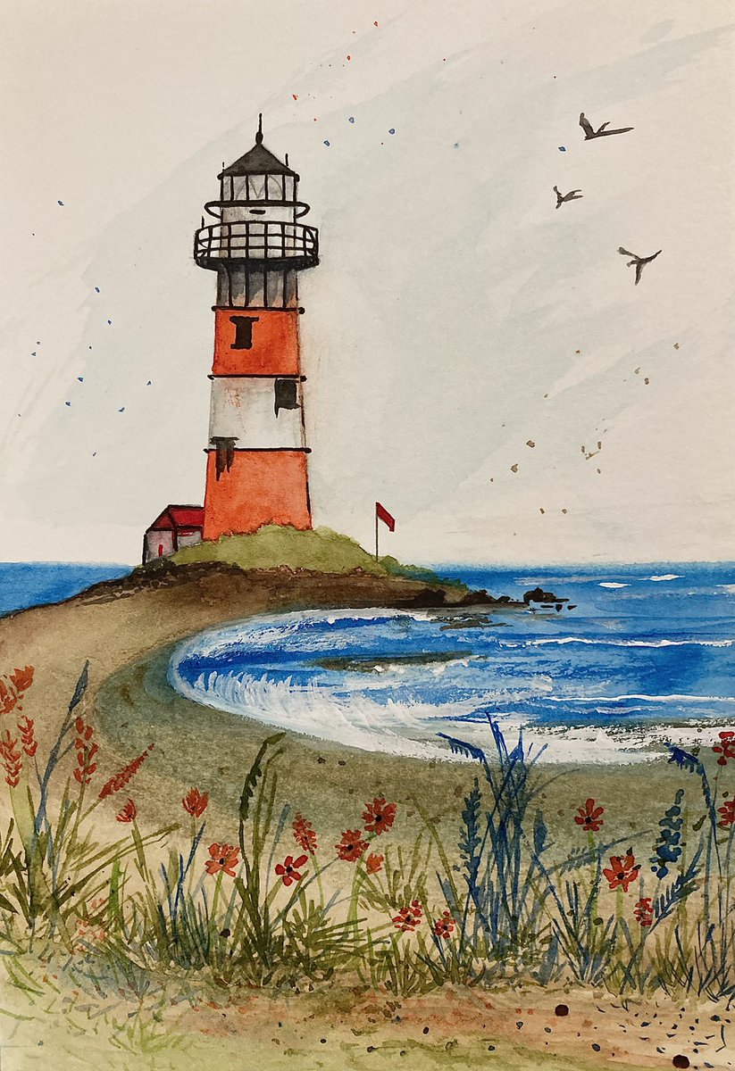 A hint of orange on this #lighthouse . #watercolorpainting #art #seaside #Watercolour