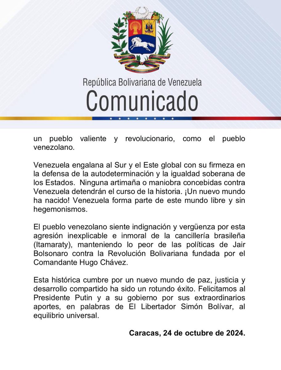 teleSURtv's tweet photo. #COMUNICADO | La República Bolivariana de #Venezuela 🇻🇪 expresa su agradecimiento al presidente de #Rusia 🇷🇺, Vladimir Putin, por la invitación para participar en la Cumbre #BRICS+ https://t.co/FJvRoSzy24
