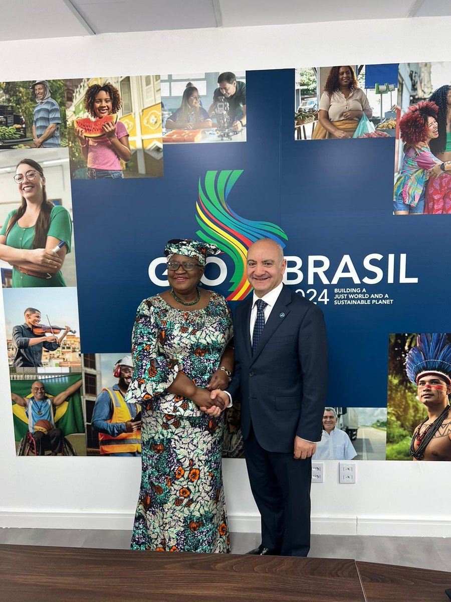 NOIweala's tweet photo. Very productive discussions on the sidelines of the G20 Trade Ministers Meeting in Brasilia. With UK Secretary of State for Business and Trade H.E @jreynoldsMP, Executive Vice-President of the European Commission H.E @VDombrovskis, and European Commission DG for Trade @WeyandSabine, Australian Deputy Secretary for Trade and Investment Ambassador @georgemina_, and Deputy Minister of Trade of Turkiye H.E Mustafa Tuzcu @mustuzcu.