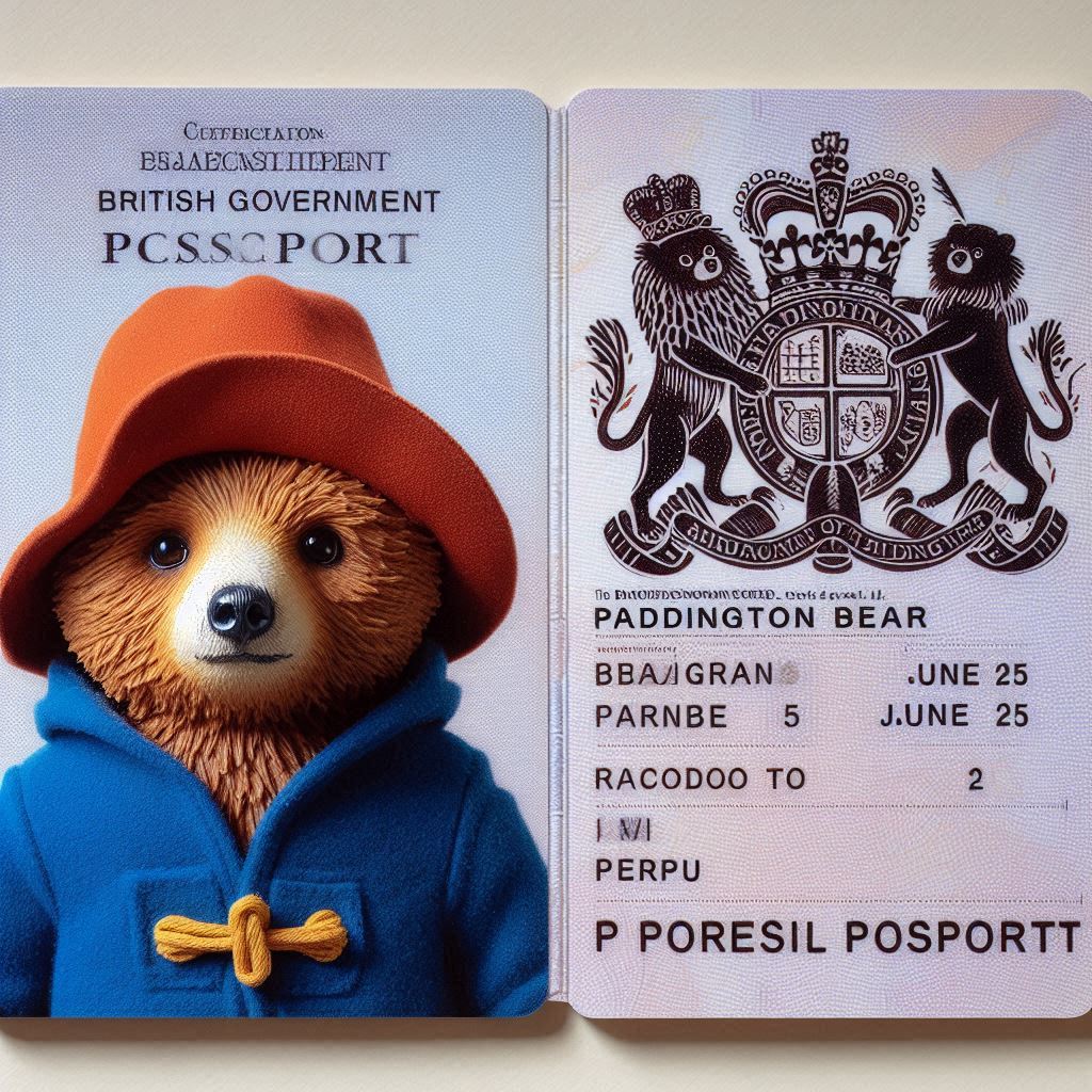 dailyworldai's tweet photo. prompt: British government issued an official passport for Paddington Bear. It has Paddington's photo, his June 25 birthday and his birth location in Peru.

#dailyworldai #Bing #bingimagecreator #World #News #DALLE #AIArt #AI #GenerativeArt #PaddingtonBear #Passport https://t.co/o32eFsx3Os