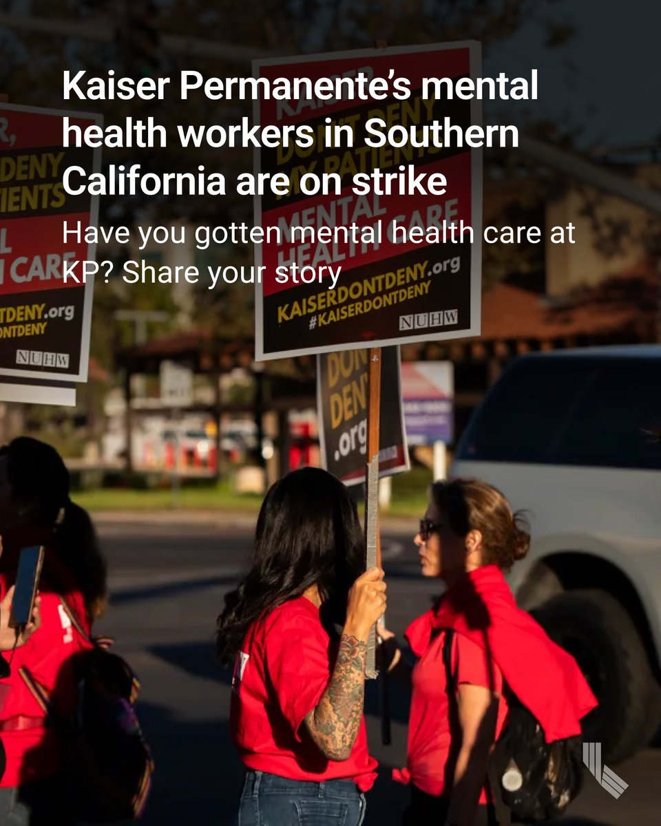 More than 2,400 Kaiser Permanente mental health care workers in SoCal began a strike this week. Are you a KP patient who has ever gotten mental health care there? If you want to share your story with a reporter, please DM us. cal.news/3Nwx8Ob

📸 @adrianaheldiz