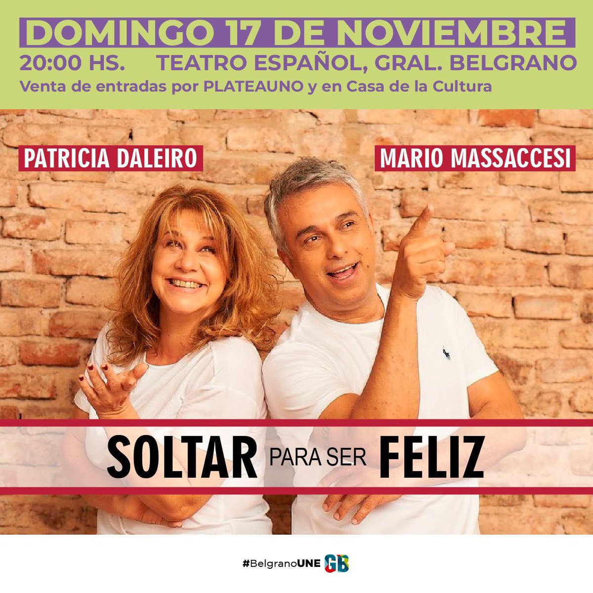 rodriberte's tweet photo. MARIO MASSACCESI Y PATRICIA DALEIRO LLEGAN CON “SOLTAR PARA SER FELIZ”

Una propuesta para quienes quieren y necesitan herramientas para una vida de "bien estar"

🗓️ 17 de noviembre 20 hs en el Teatro Español

🎟️ ENTRADAS
👉🏻 En Casa de la Cultura y a través de PLATEAUNO TICKETS https://t.co/kCaPJf3uP6