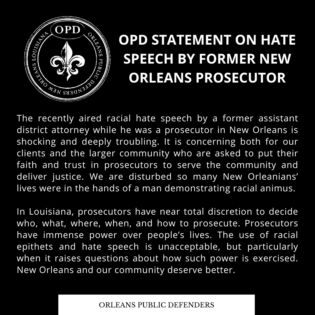 Our statement on the recent <a href="/WWLTV/">WWL-TV</a> story about former ADA's use of racial epithets and hate speech.