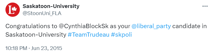 agentladya's tweet photo. #Saskatoon Mayor. vote NO to this liberal. No, to team Trudeau. We don't need liberal Cynthia Block. https://t.co/t3Mvk0x7hq