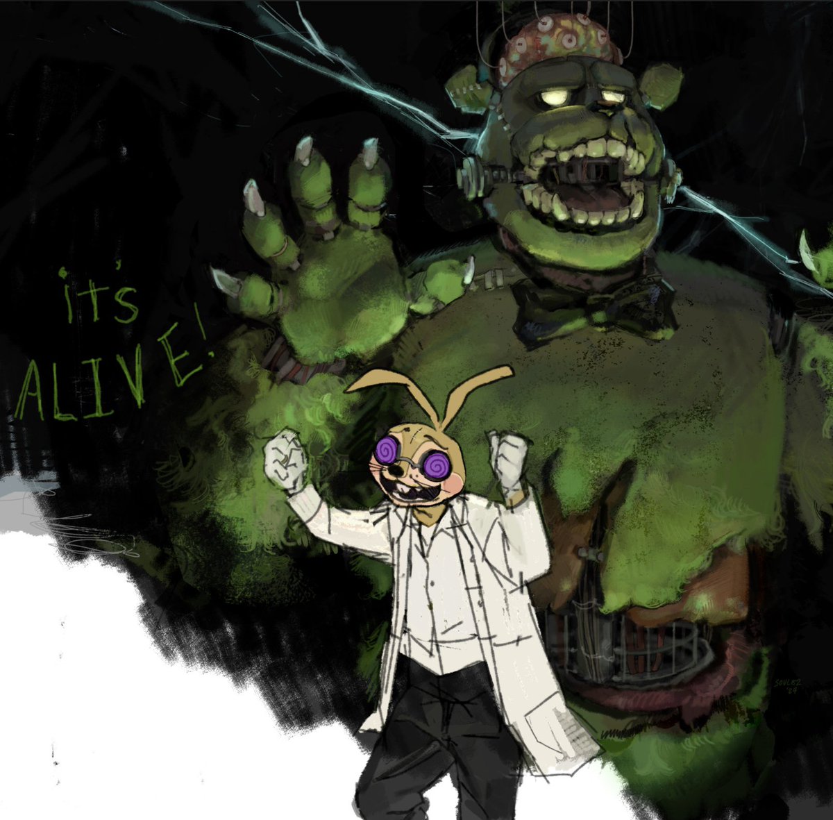 S0UL82's tweet photo. it’s alive…!!! 🧟‍♂️⚡️
happy almost Halloween! 
#FNAF #fnaffanart https://t.co/g6Ywjr3oJY