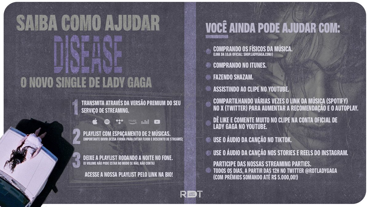 RDTLadyGaga's tweet photo. LITTLE MONSTERS! 🚨 Chegou a hora de mostrar a nossa força para o tão aguardado comeback pop da Mother Monster!

Saibam como ajudar o desempenho de "Disease" após o lançamento e participe de nossas listening parties aqui no X, que terão prêmios e muitas surpresas. Fiquem ligados! 🖤 #DISEASEISCOMING