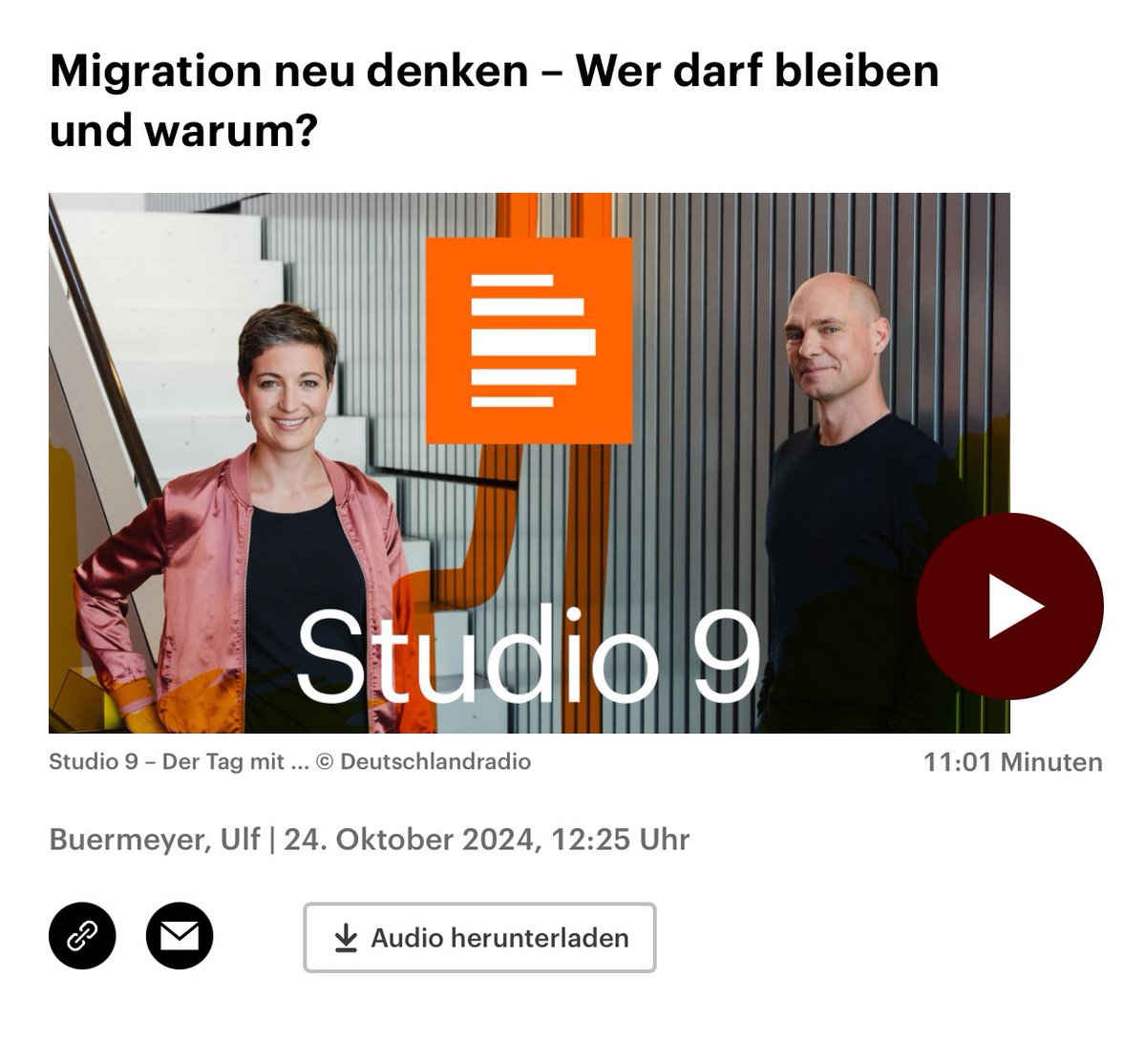 Ulf Buermeyer (@vieuxrenard) on Twitter photo Heute im Studio 9 von <a href="/dlfkultur/">Deutschlandfunk Kultur</a> mit <a href="/jana_klaro/">Jana Münkel</a>: mein Plädoyer für eine menschenfreundliche und rationale Migrationspolitik.
deutschlandfunkkultur.de/migration-neu-…
Danke für die Einladung und die spannende Diskussion! Heute im Studio 9 von <a href="/dlfkultur/">Deutschlandfunk Kultur</a> mit <a href="/jana_klaro/">Jana Münkel</a>: mein Plädoyer für eine menschenfreundliche und rationale Migrationspolitik.
deutschlandfunkkultur.de/migration-neu-…
Danke für die Einladung und die spannende Diskussion!