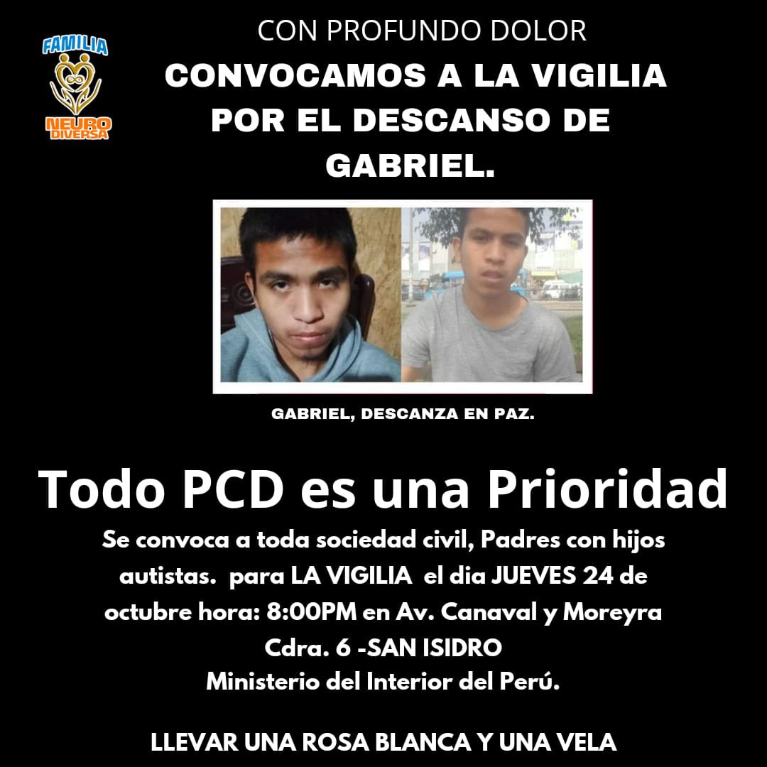 lacaballerog's tweet photo. Hoy las familias nos convocamos a una vigilia en honor a Gabriel, solidarizándonos con su familia y rechazando la indiferencia de las autoridades #JusticiaParaGabriel #ProtocoTEA #NiUnAutistaMenos 🙏 @MininterPeru https://t.co/mBdFCgn9bz