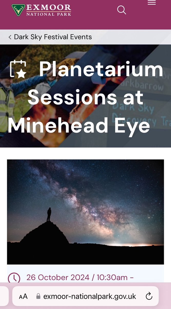 After the sell-out success of Tuesday’s event in South Molton, this coming Saturday, 26th Oct, will see a further series of exciting public Space Odyssey planetarium sessions, this time at Minehead Eye, as part of the Exmoor Dark Skies Festival 2024. See event website for details