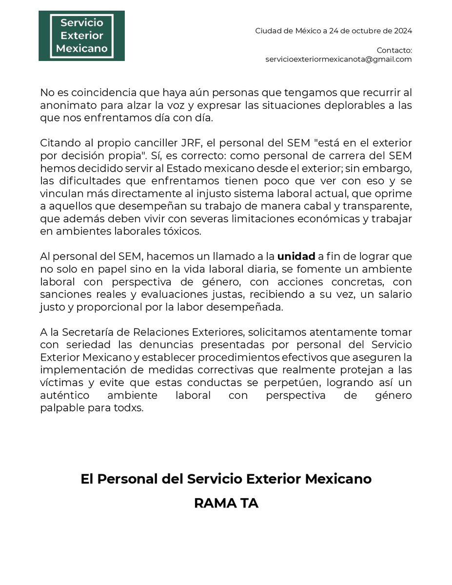 A la opinión pública, nuestro posicionamiento sobre la misiva enviada a la Presidenta <a href="/Claudiashein/">Claudia Sheinbaum Pardo</a>  en la que dieciséis mujeres valientes alzaron la voz respecto al nombramiento de la Coordinación General de Consulados ⬇️