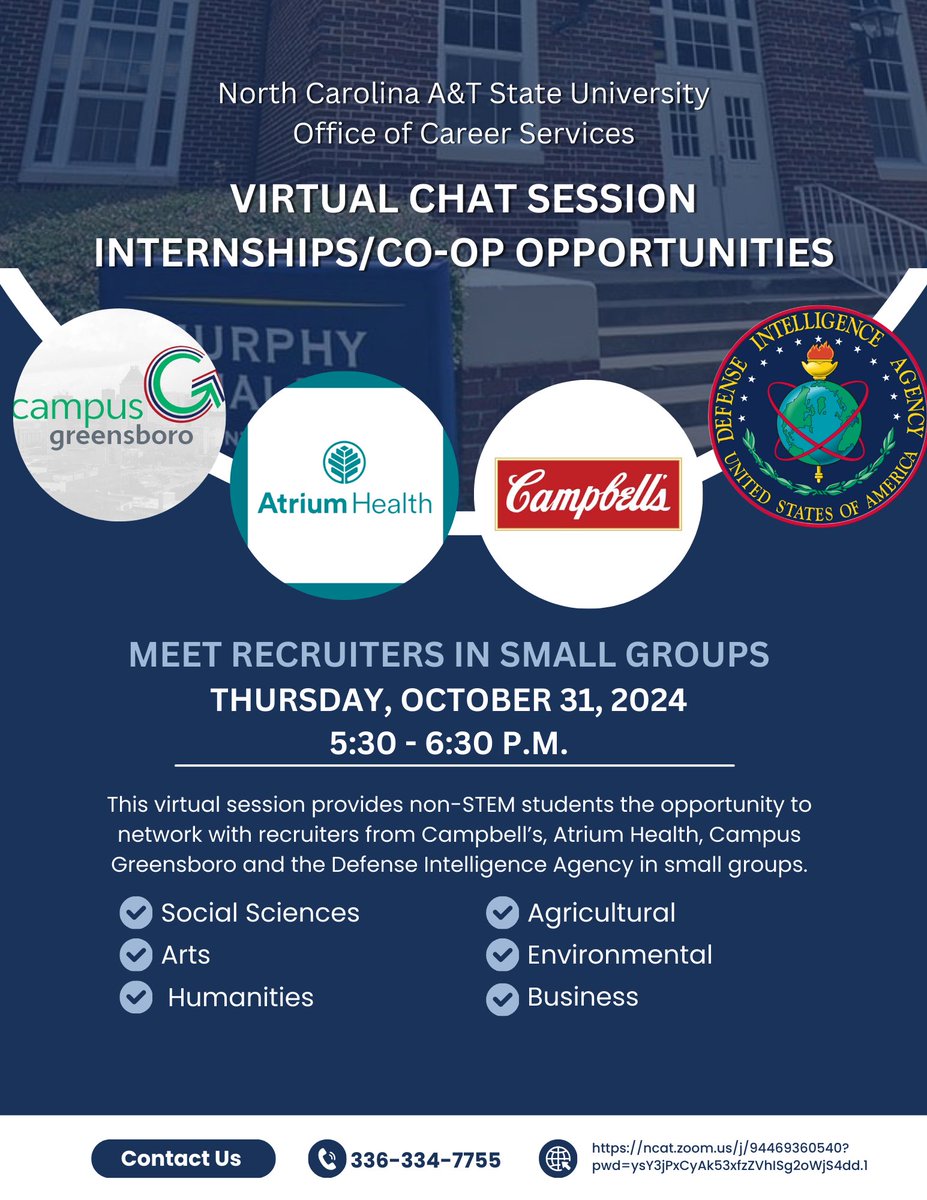 ncatocs's tweet photo. 🌟 Calling all non-STEM majors! 🌟

Looking for internship or co-op opportunities? Don’t miss this Virtual Chat Session with recruiters from Campbell’s, Atrium Health, Campus Greensboro, and the Defense Intelligence Agency🤝! 

 #ncatcahss #ncatcaes #ncatchhs #aggiepride https://t.co/EDqtS4ujFr
