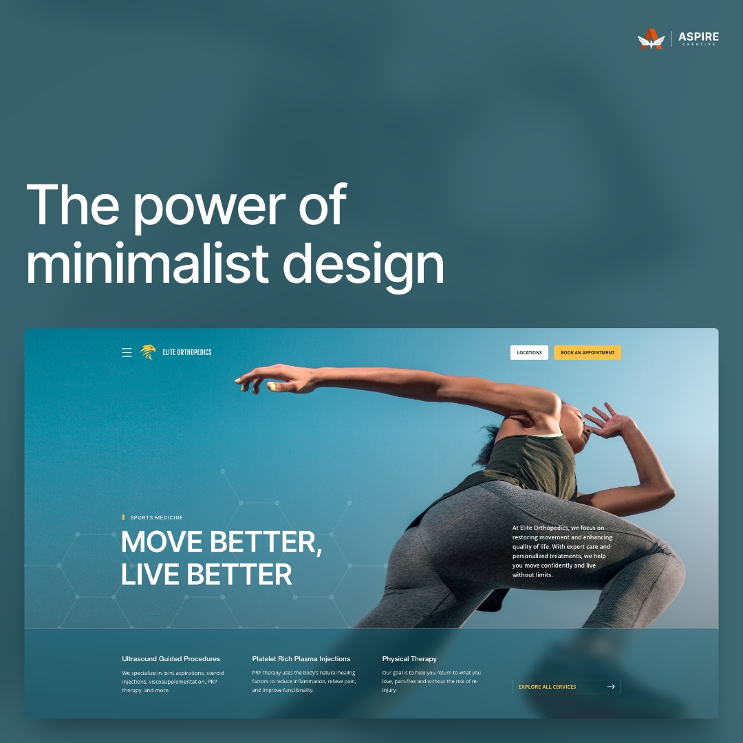 Aspire_24's tweet image. Less is more. Minimalist design isn’t just about aesthetics—it’s about clarity and user experience. By removing distractions, we help patients focus on what matters most.

aspire-creative.com

#MinimalDesign #CleanWebDesign #MedicalWebDesign #sportsmedicine #AspireCreative
