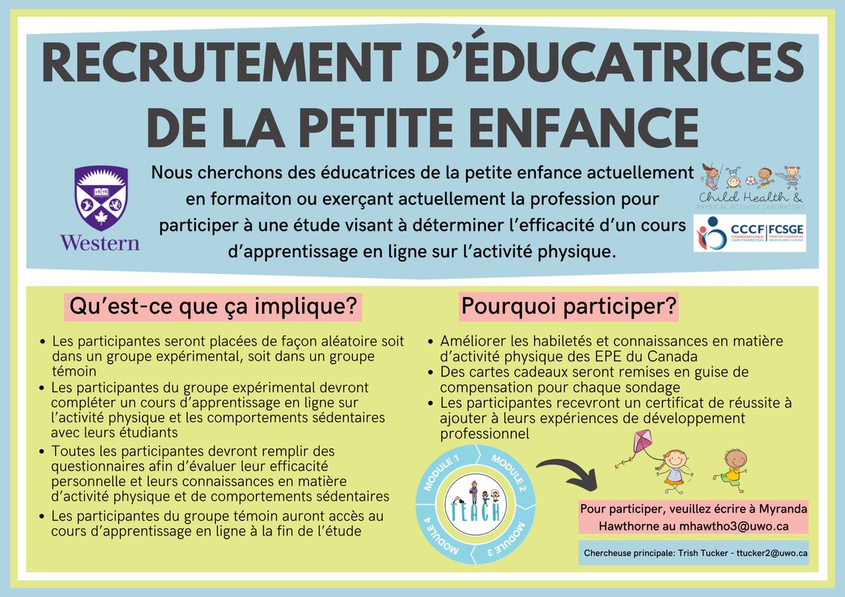 Child Health and Physical Activity Lab (@childhealthpa) on Twitter photo 📢Êtes-vous ou quelqu'un que vous connaissez une éducatrice de la petite enfance ou une étudiante ÉPE? Contactez-nous pour vous inscrire a un cours d'apprentisage en ligne gratuit sur l'activité physique dans la petite enfance! 👩💻📚✏️
-> mhawtho3@uwo.ca <- 📢Êtes-vous ou quelqu'un que vous connaissez une éducatrice de la petite enfance ou une étudiante ÉPE? Contactez-nous pour vous inscrire a un cours d'apprentisage en ligne gratuit sur l'activité physique dans la petite enfance! 👩💻📚✏️
-> mhawtho3@uwo.ca <-