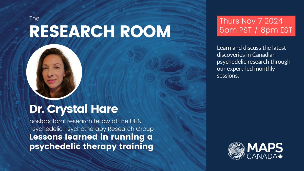 Join us for our next Research Room on Thurs November 7th  at 5 PM PT/ 8 PM ET for Lessons learned in running a psychedelic therapy training with expert Dr Crystal Hare!  Sign up here:  bit.ly/48lKING