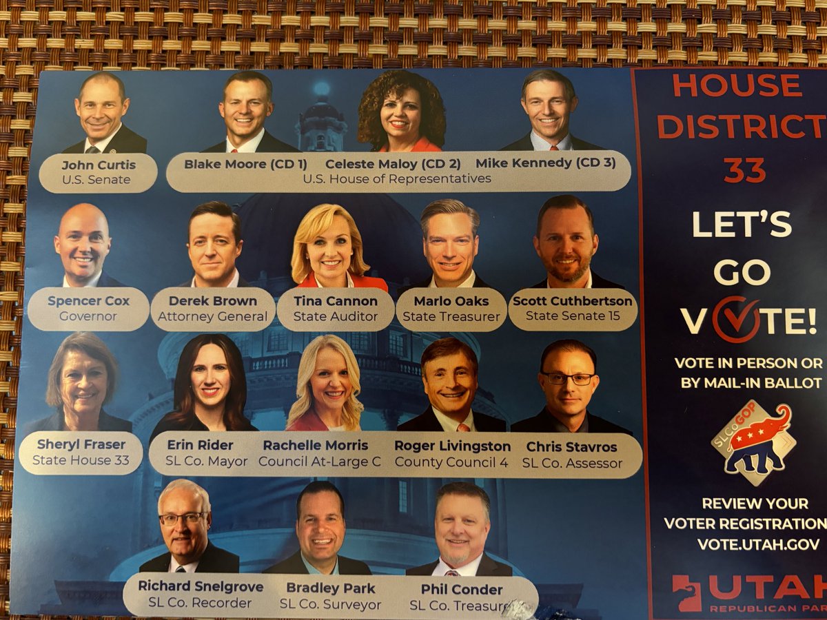 tloveslc's tweet photo. My mailer today from the state R party perfectly exemplifies gerrymandering my voice from representation. It is mailed to my Utah house district 33, which of course has one candidate, while we are also represented in Congress by 3! Which really is 0. You proud of this? https://t.co/j5Nt5VXCkf